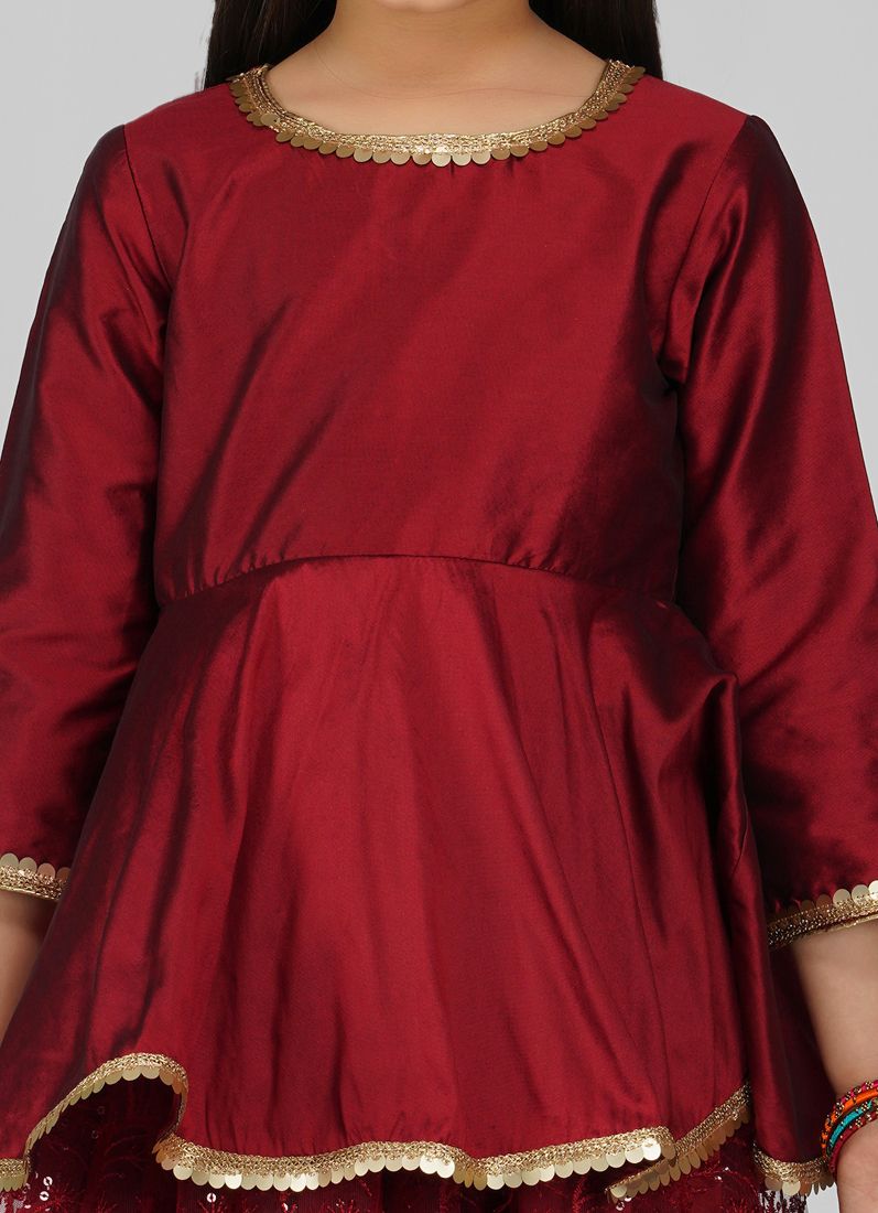 Buy Girls Maroon Net Embroidered Lehenga Set