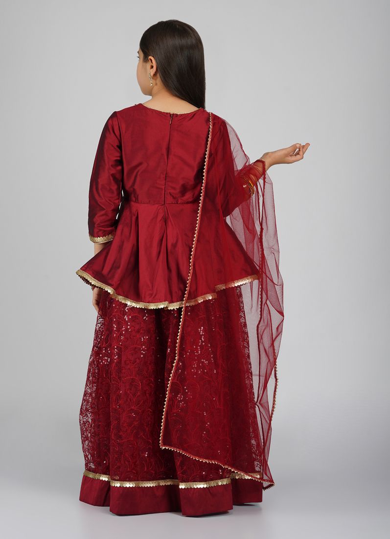Buy Girls Maroon Net Embroidered Lehenga Set