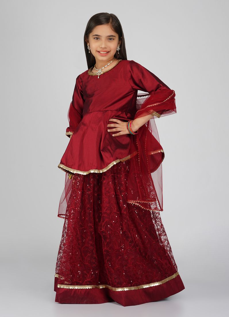 Buy Girls Maroon Net Embroidered Lehenga Set