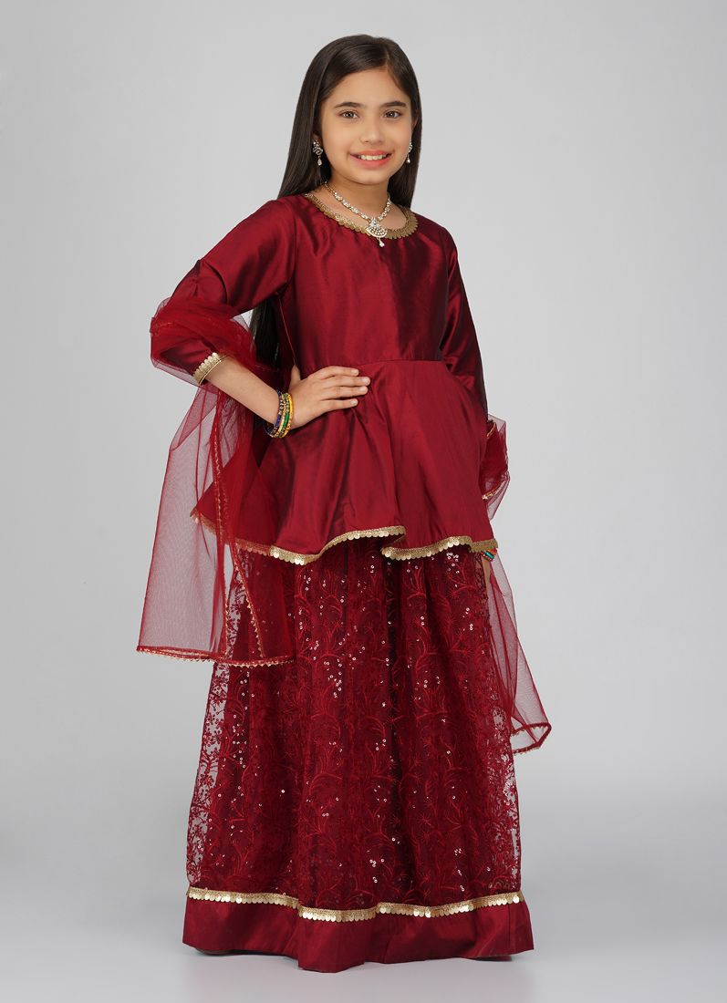 Buy Girls Maroon Net Embroidered Lehenga Set