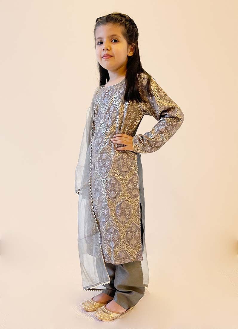 Buy Girls Grey Sequin Chinon Straight Cut Suit Set