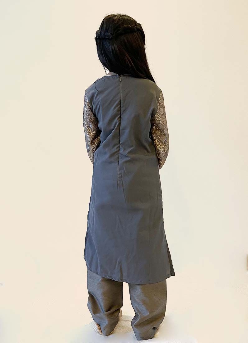 Buy Girls Grey Sequin Chinon Straight Cut Suit Set