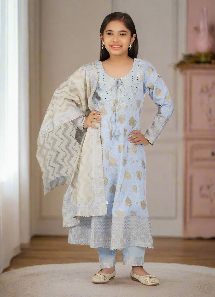 Buy Kids Light Blue Rayon Anarkali Suit Set in UK - Diya Online