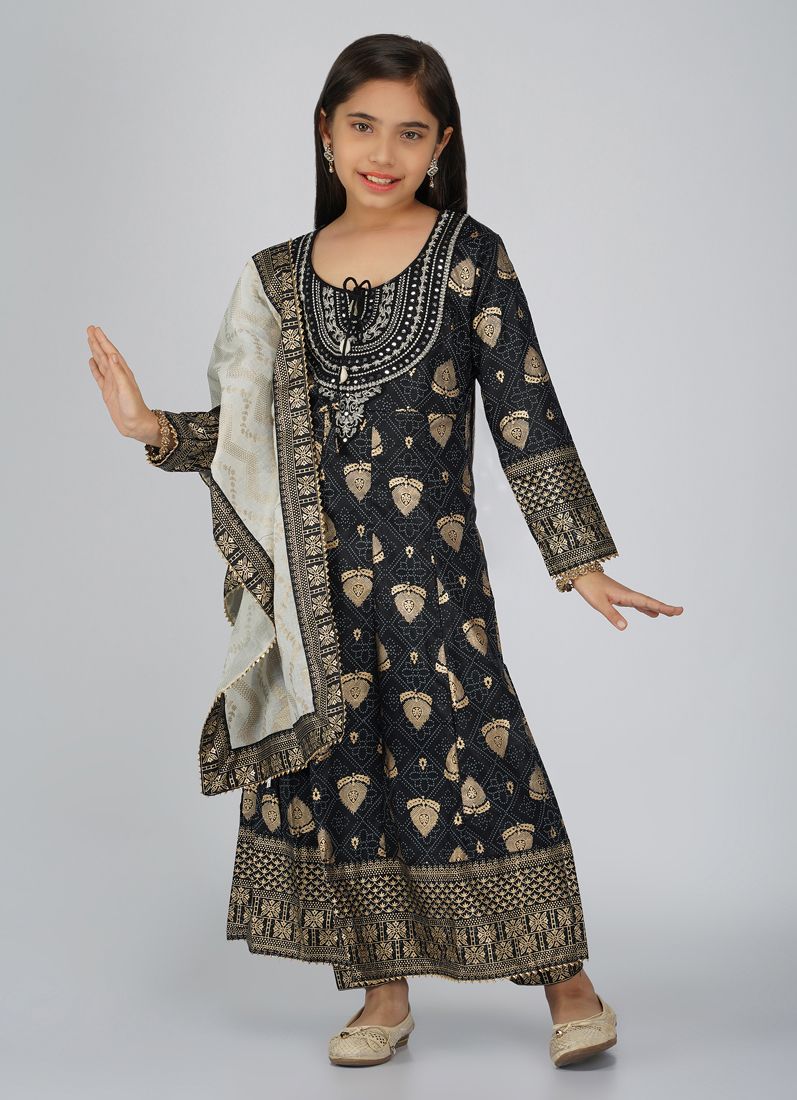 Buy Kids Black Rayon Anarkali Suit Set