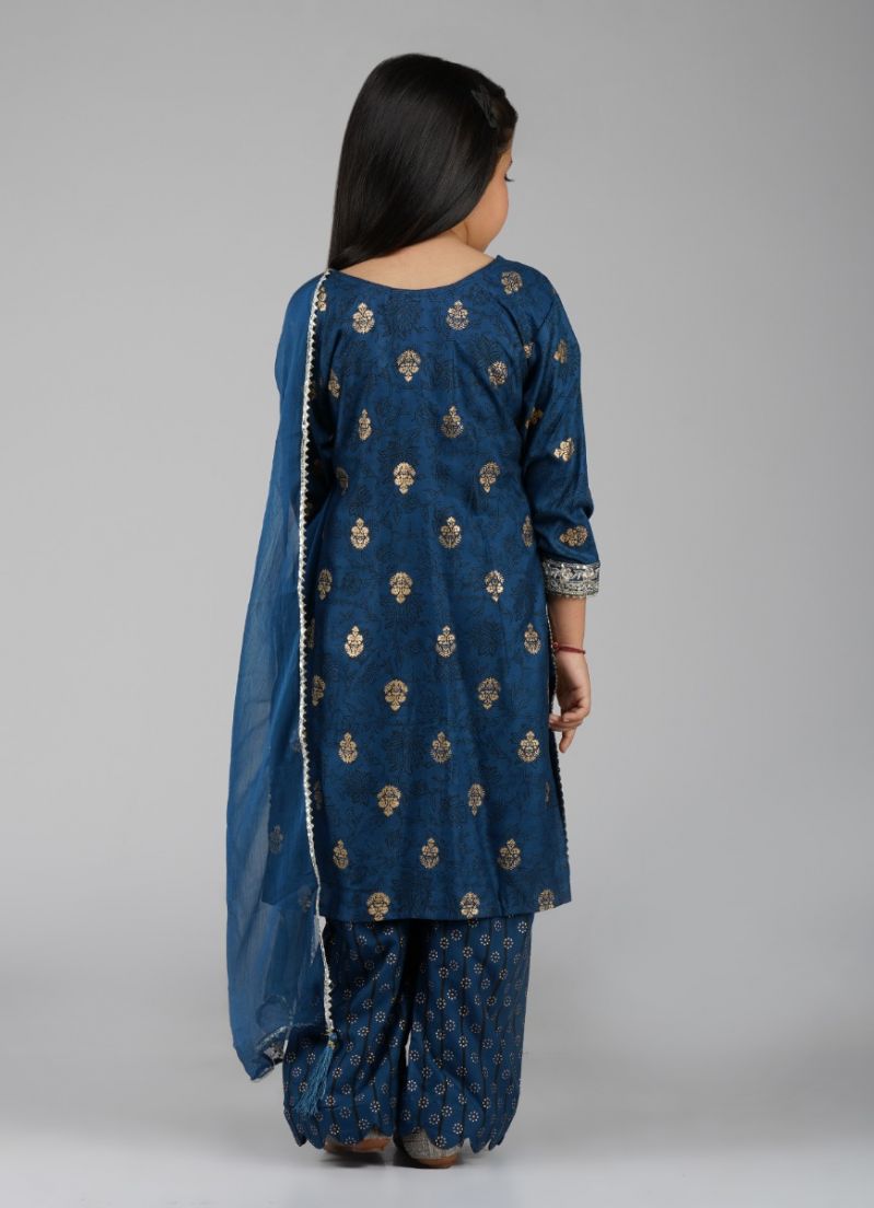 Buy Kids Blue Rayon Gold Foil Straight Suit Set