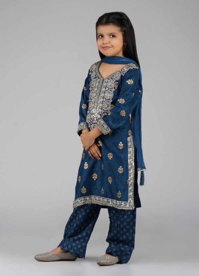 Buy Kids Blue Rayon Gold Foil Straight Suit Set