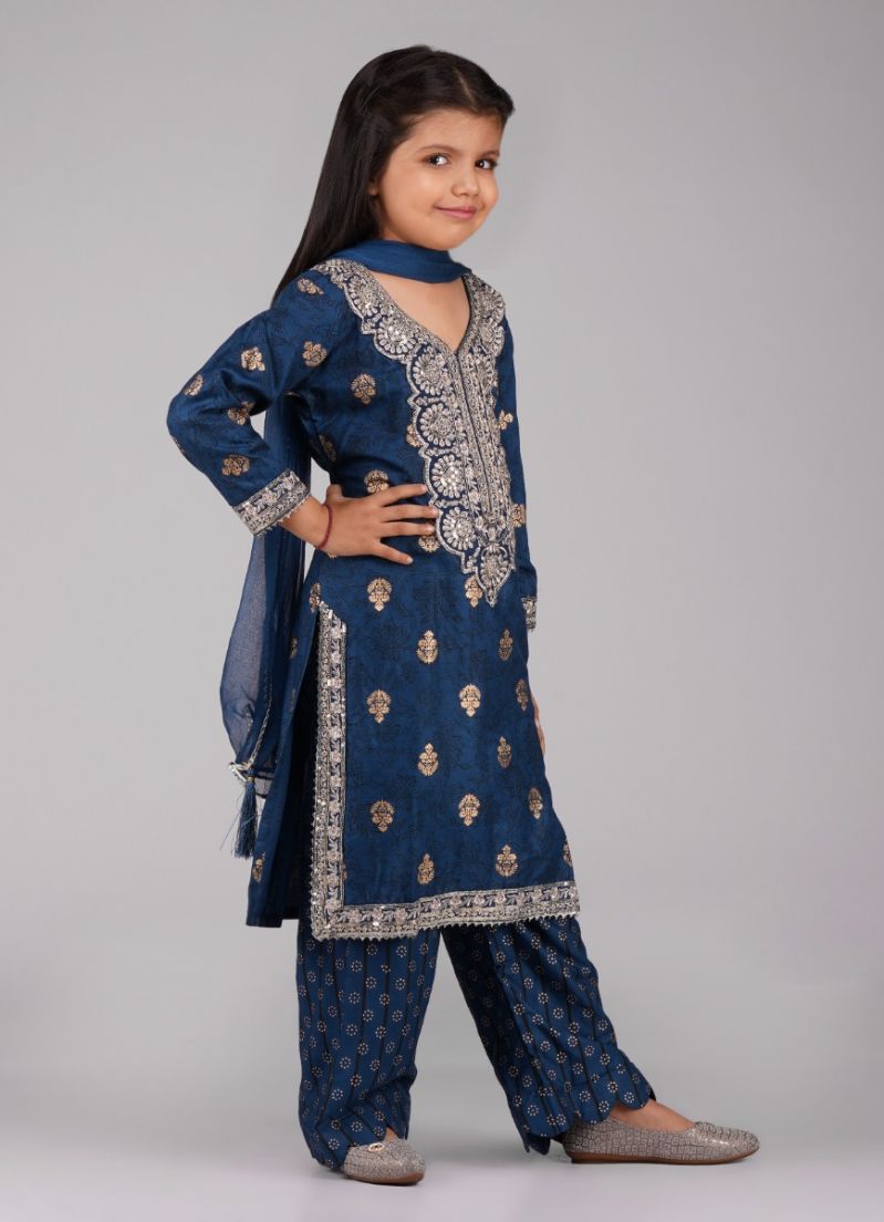 Buy Kids Blue Rayon Gold Foil Straight Suit Set
