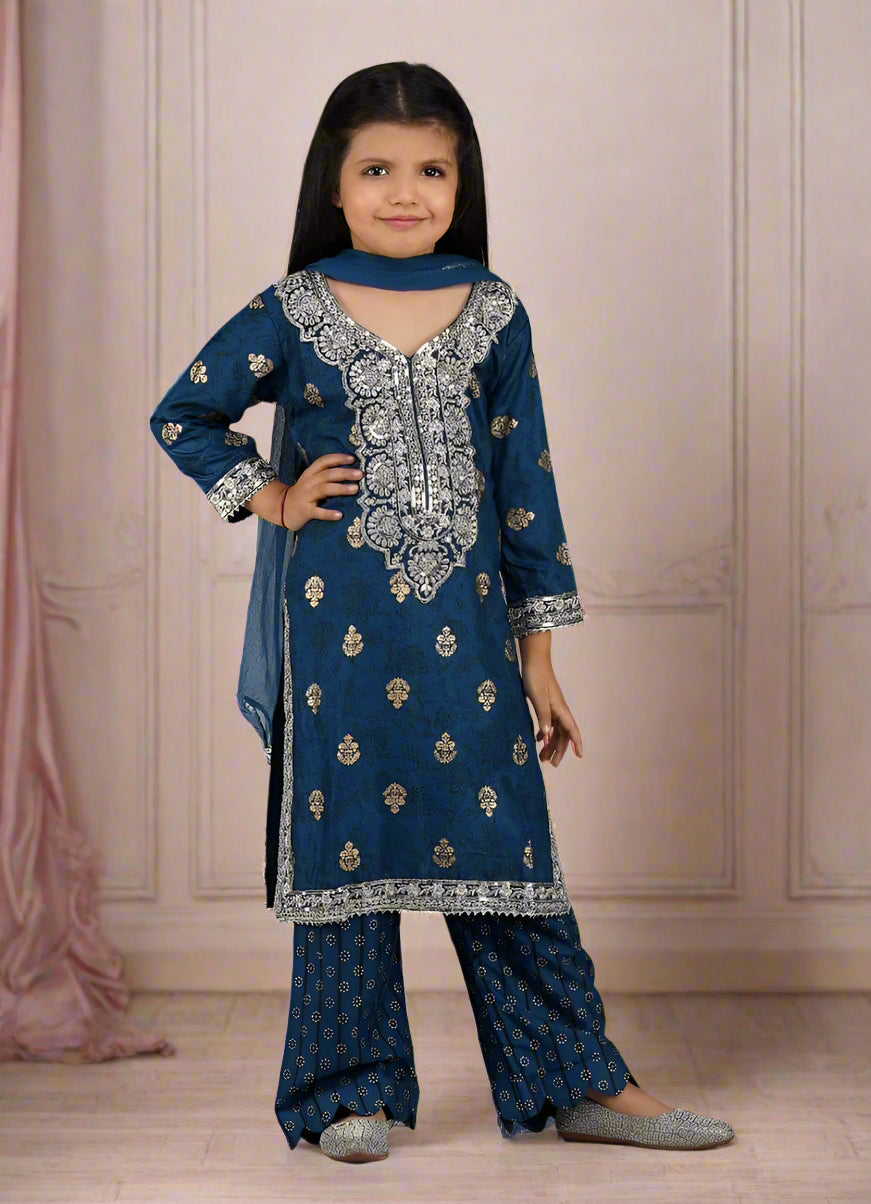 Buy Kids Blue Rayon Gold Foil Straight Suit Set