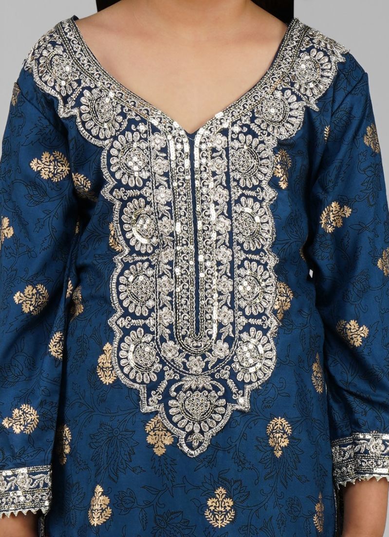 Buy Kids Blue Rayon Gold Foil Straight Suit Set