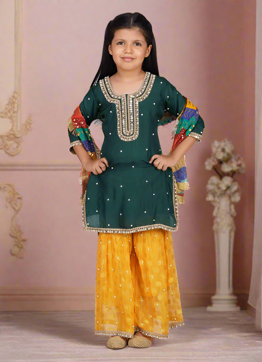 Buy Kids Green Silk Top Multicoloured Embroidered Dupatta Suit Set