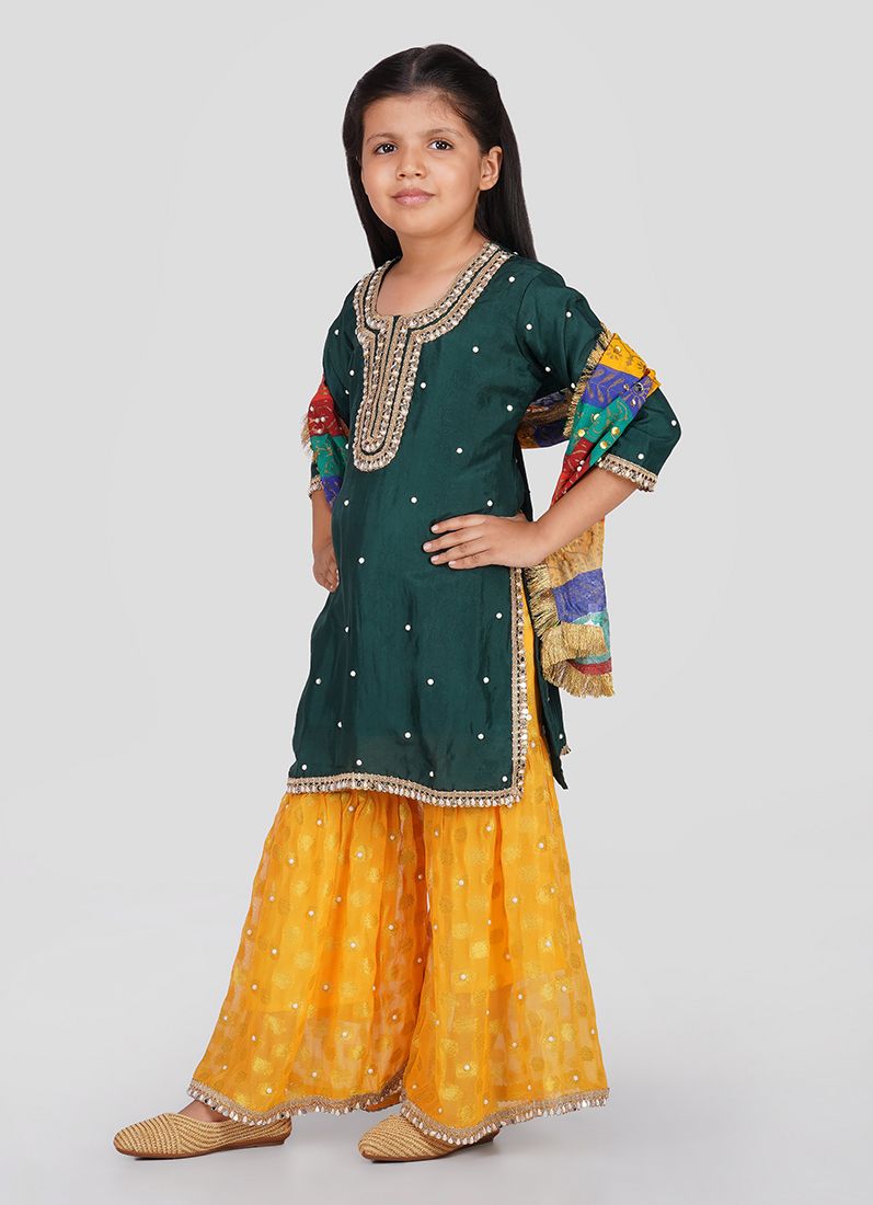 Buy Kids Green Silk Top Multicoloured Embroidered Dupatta Suit Set