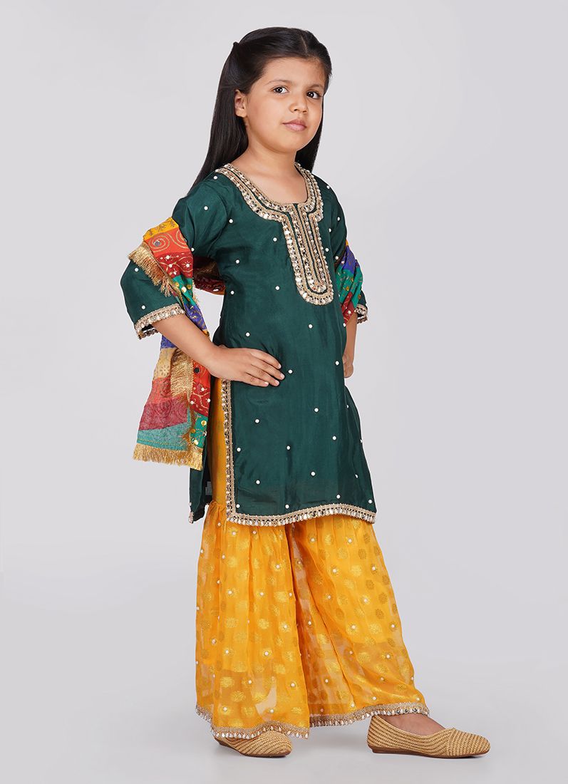 Buy Kids Green Silk Top Multicoloured Embroidered Dupatta Suit Set