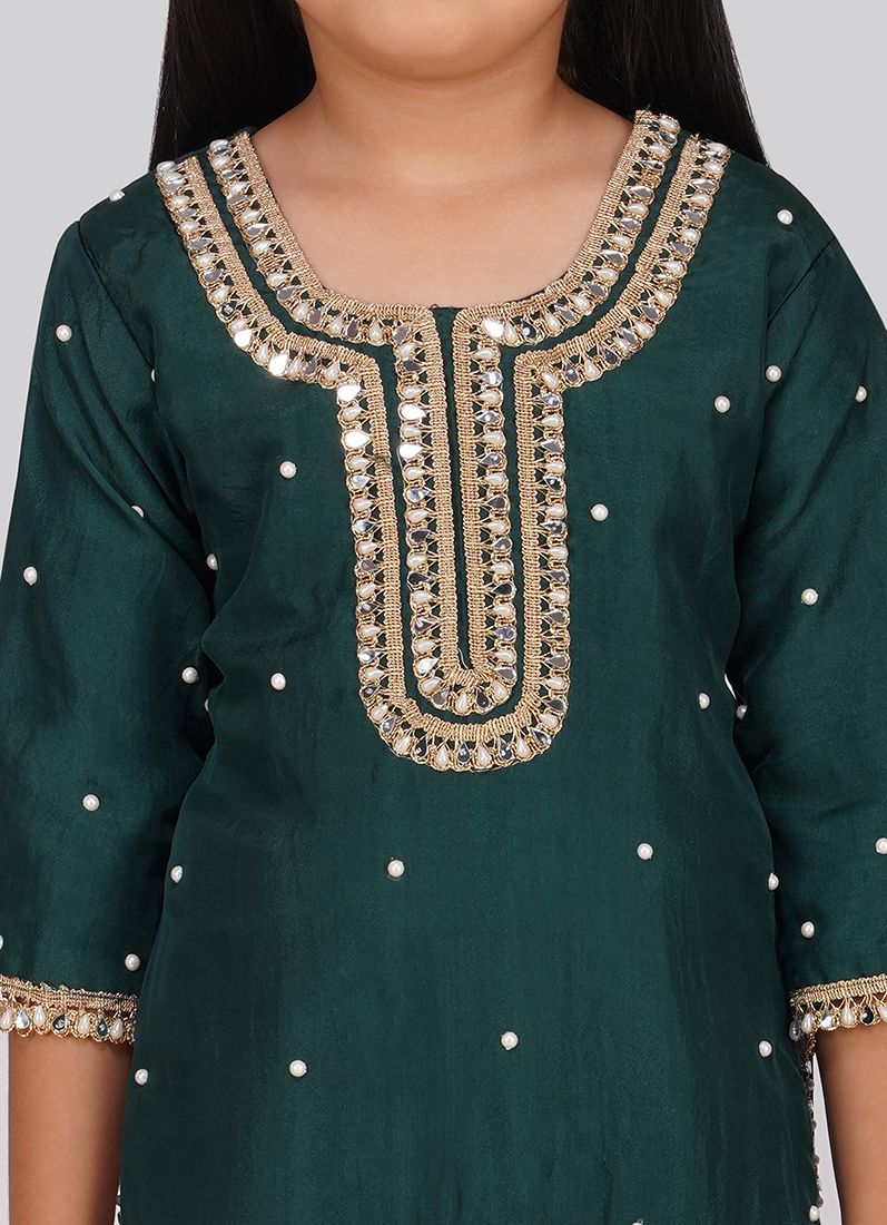 Buy Kids Green Silk Top Multicoloured Embroidered Dupatta Suit Set