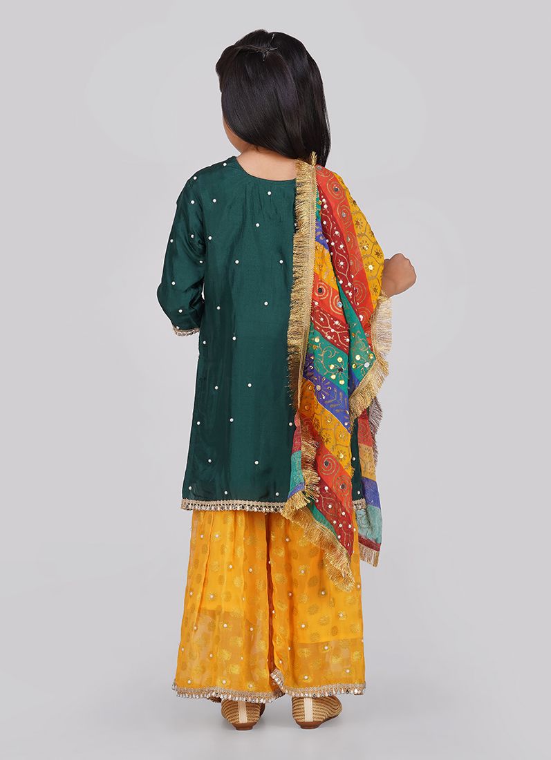 Buy Kids Green Silk Top Multicoloured Embroidered Dupatta Suit Set