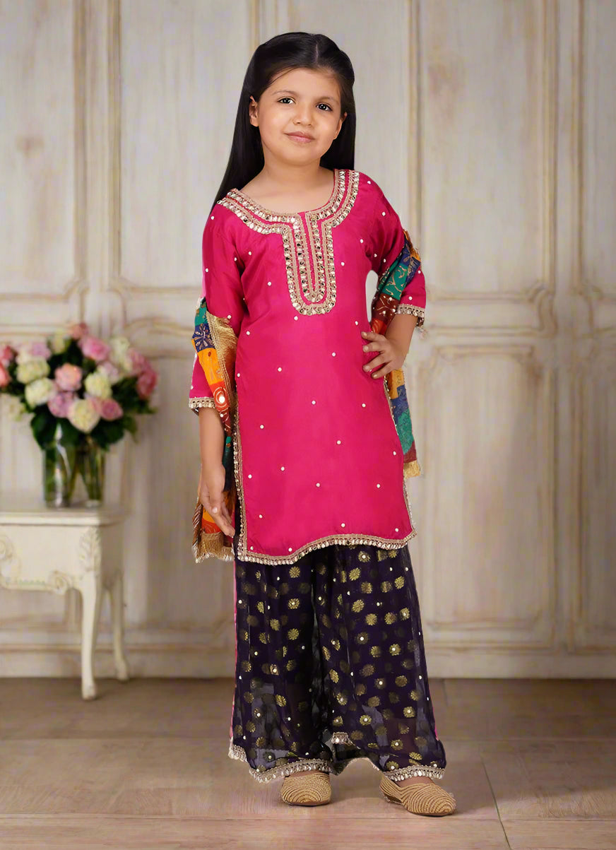 Buy Kids Pink Silk Top Multicoloured Emnroidered Dupatta Suit Set