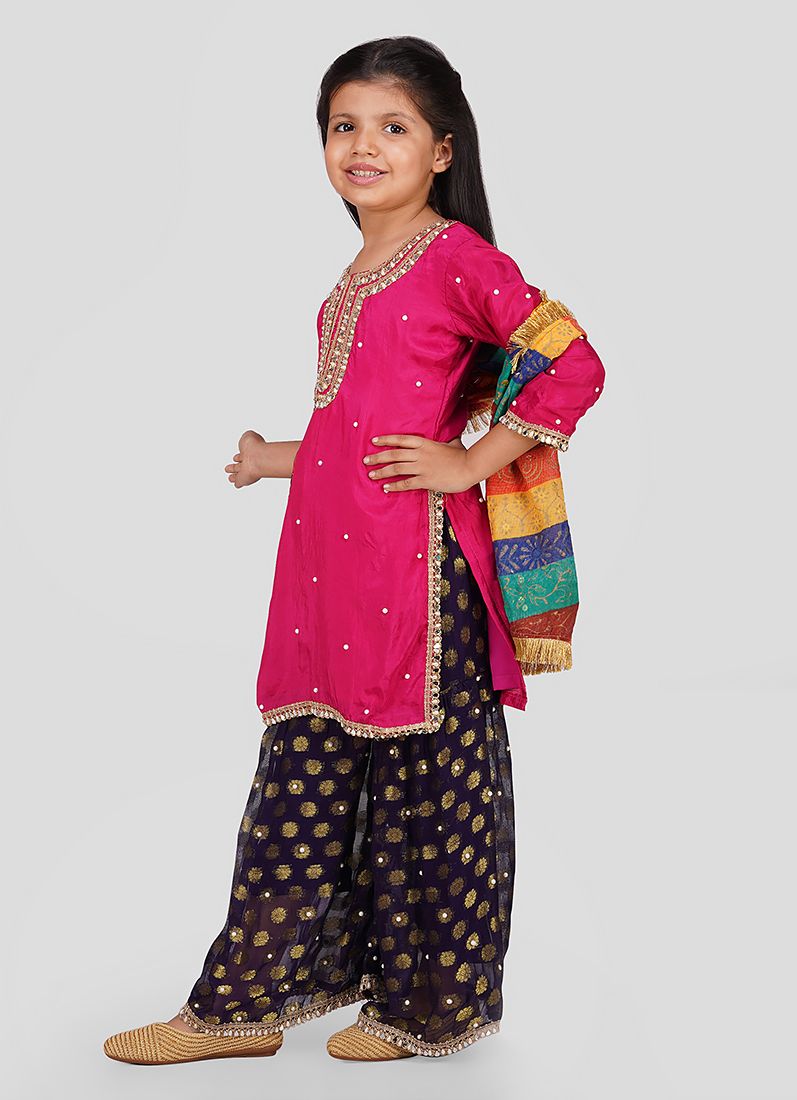 Buy Kids Pink Silk Top Multicoloured Emnroidered Dupatta Suit Set