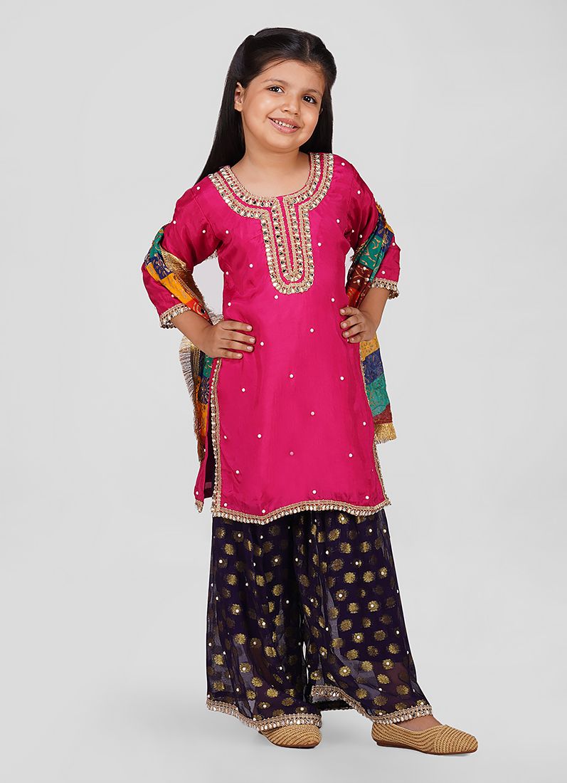 Buy Kids Pink Silk Top Multicoloured Emnroidered Dupatta Suit Set