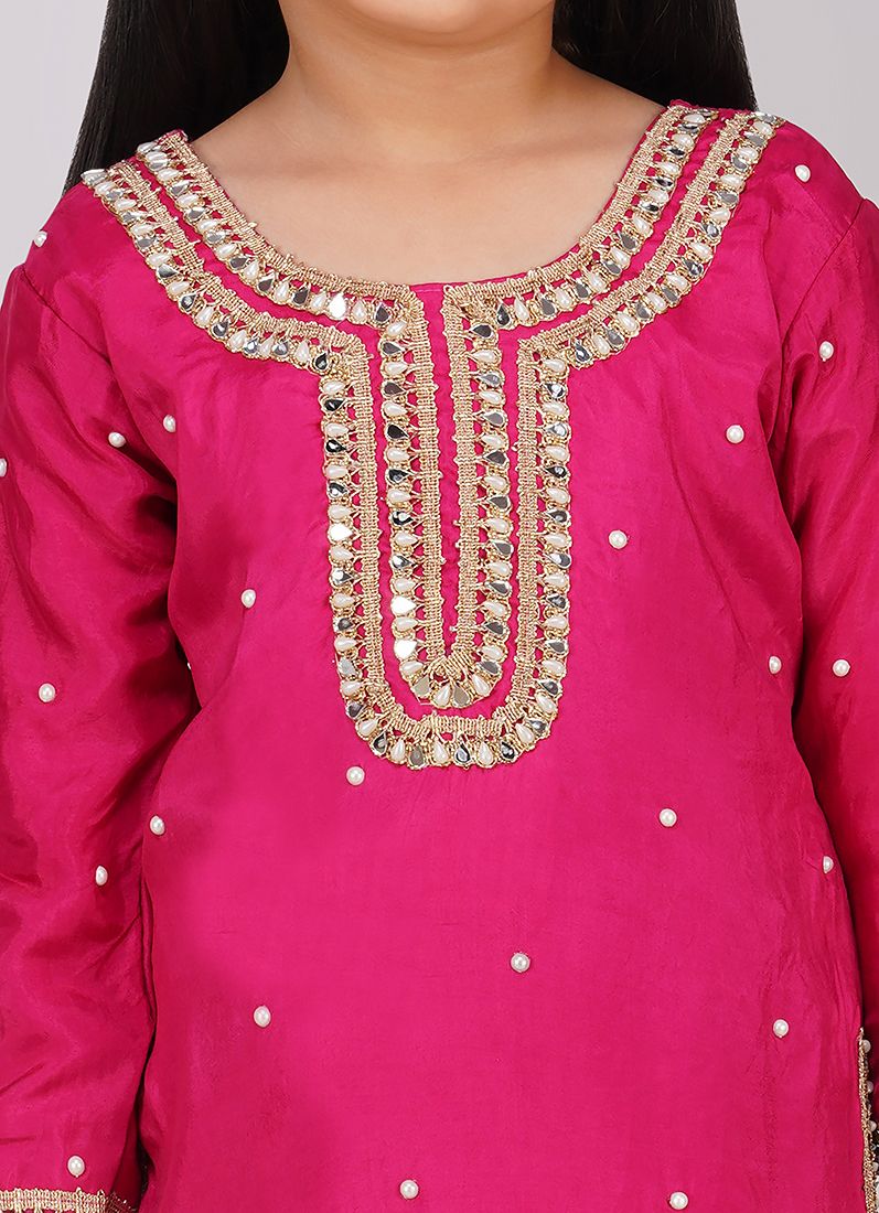 Buy Kids Pink Silk Top Multicoloured Emnroidered Dupatta Suit Set
