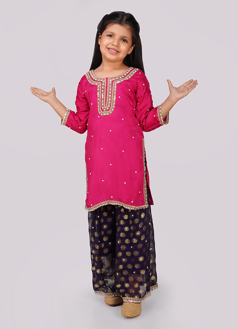 Buy Kids Pink Silk Top Multicoloured Emnroidered Dupatta Suit Set
