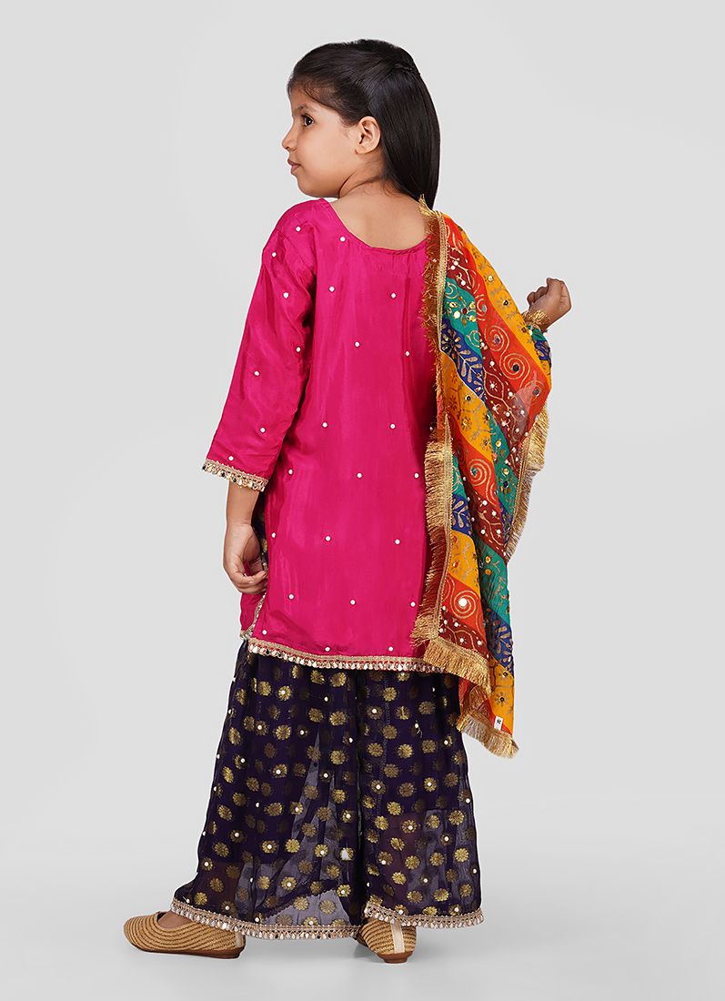 Buy Kids Pink Silk Top Multicoloured Emnroidered Dupatta Suit Set