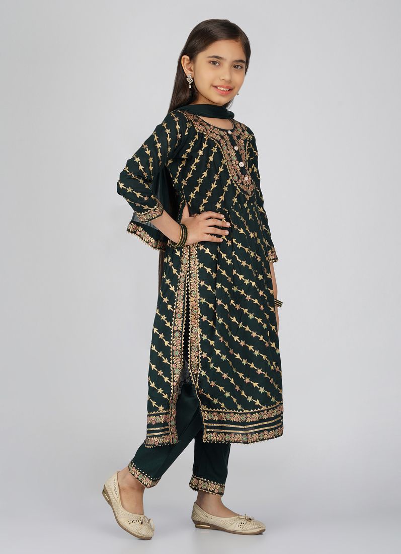 Buy Kids Green Foil Print Rayon Naira Cut Suit Set
