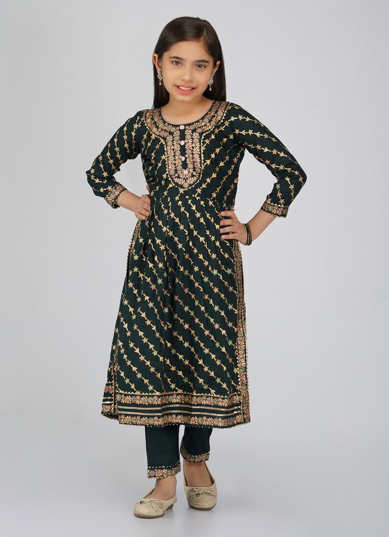 Buy Kids Green Foil Print Rayon Naira Cut Suit Set