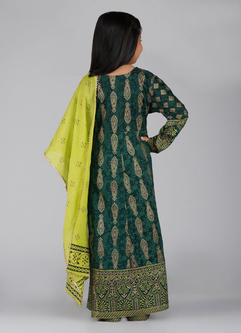 Buy Kids Green Cotton Foil Printed A-line Suit Set