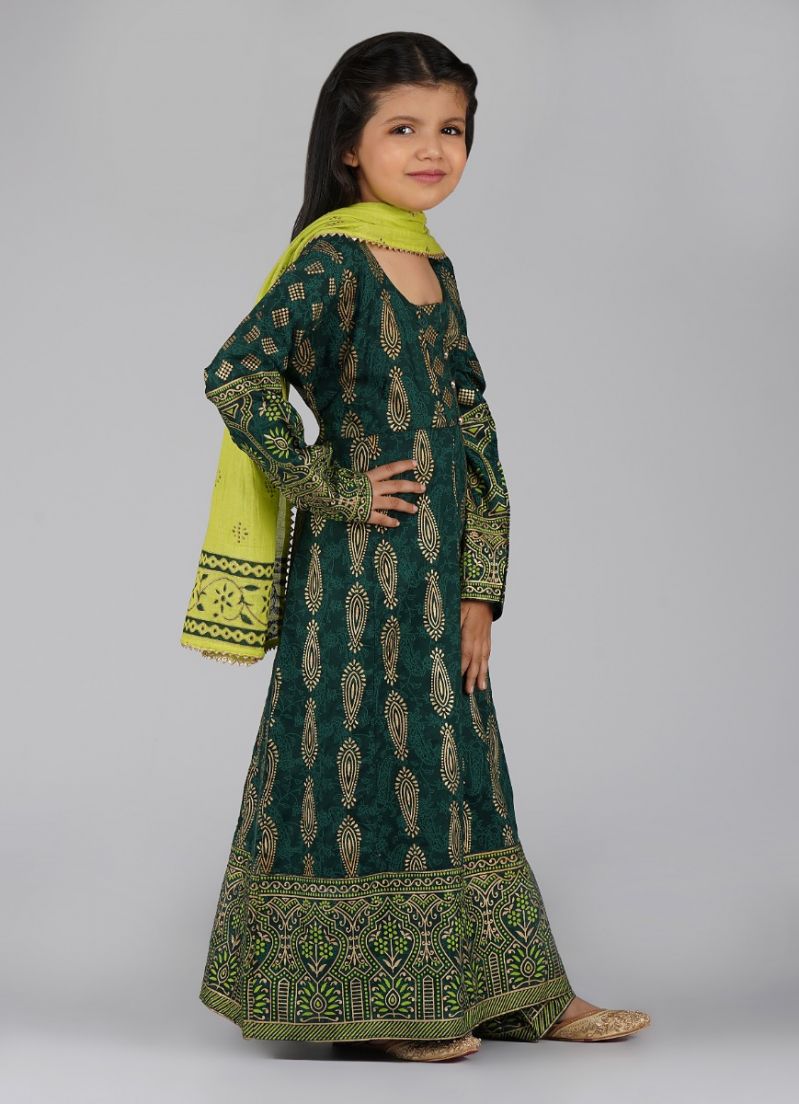 Buy Kids Green Cotton Foil Printed A-line Suit Set