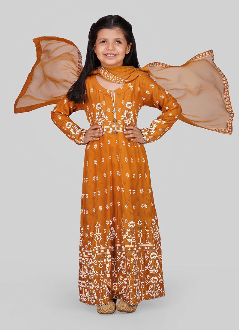 Buy Kids Mustard Anarkali Suit Set