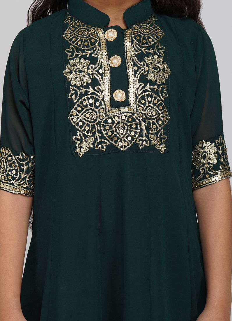 Buy Kids Dark Green Bias Cut Embroidery Suit Set