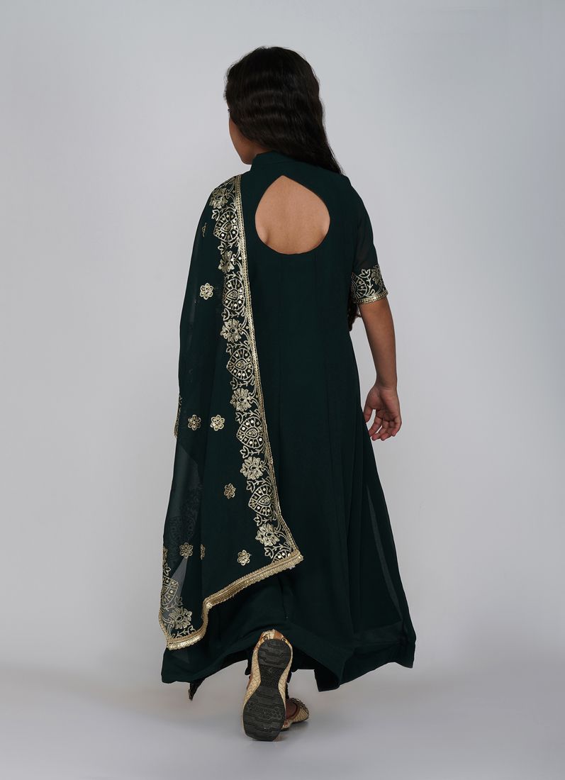 Buy Kids Dark Green Bias Cut Embroidery Suit Set