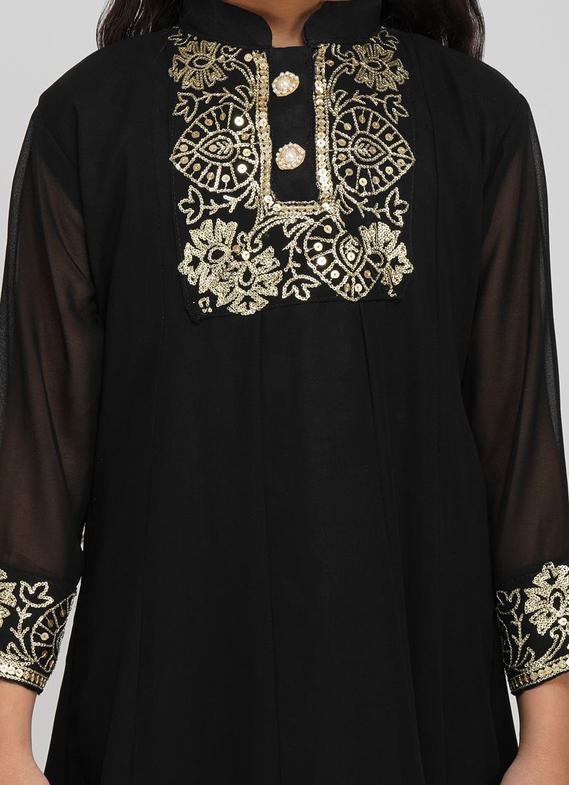 Buy Kids Black Bias Cut Embroidery Suit Set