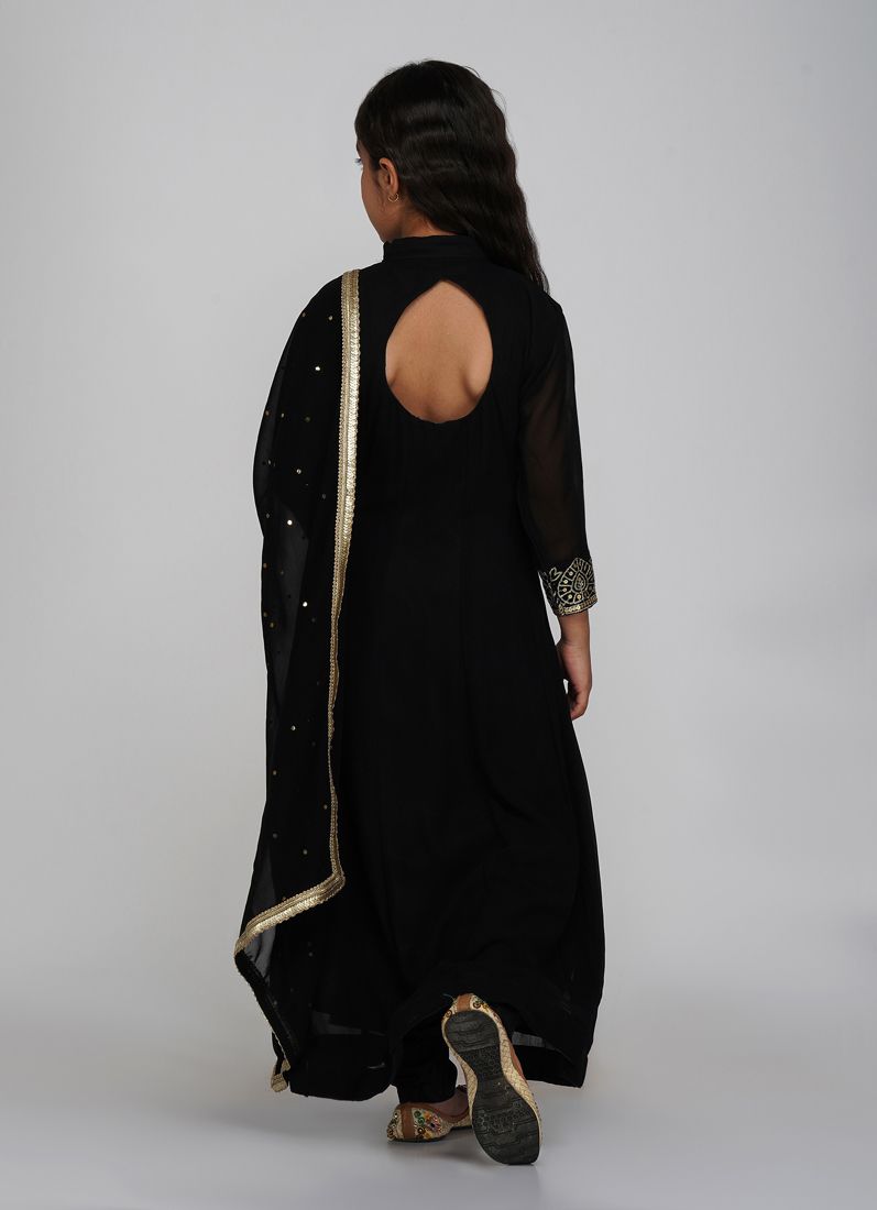 Buy Kids Black Bias Cut Embroidery Suit Set