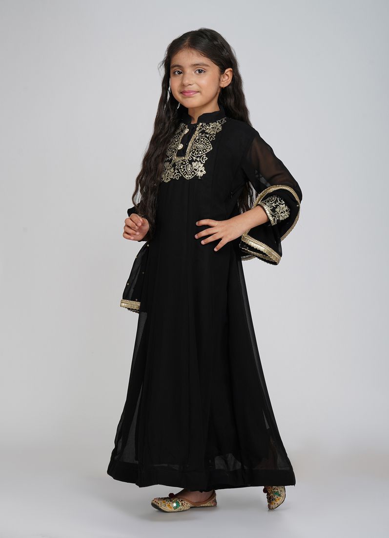 Buy Kids Black Bias Cut Embroidery Suit Set