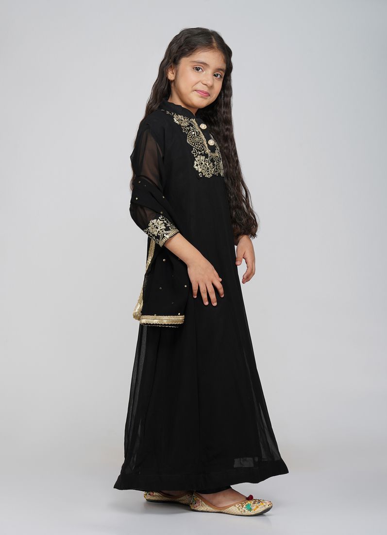 Buy Kids Black Bias Cut Embroidery Suit Set