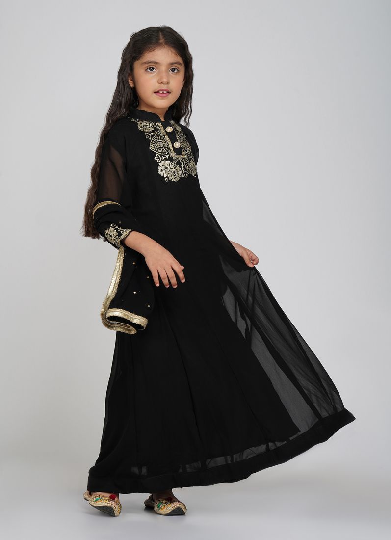 Buy Kids Black Bias Cut Embroidery Suit Set