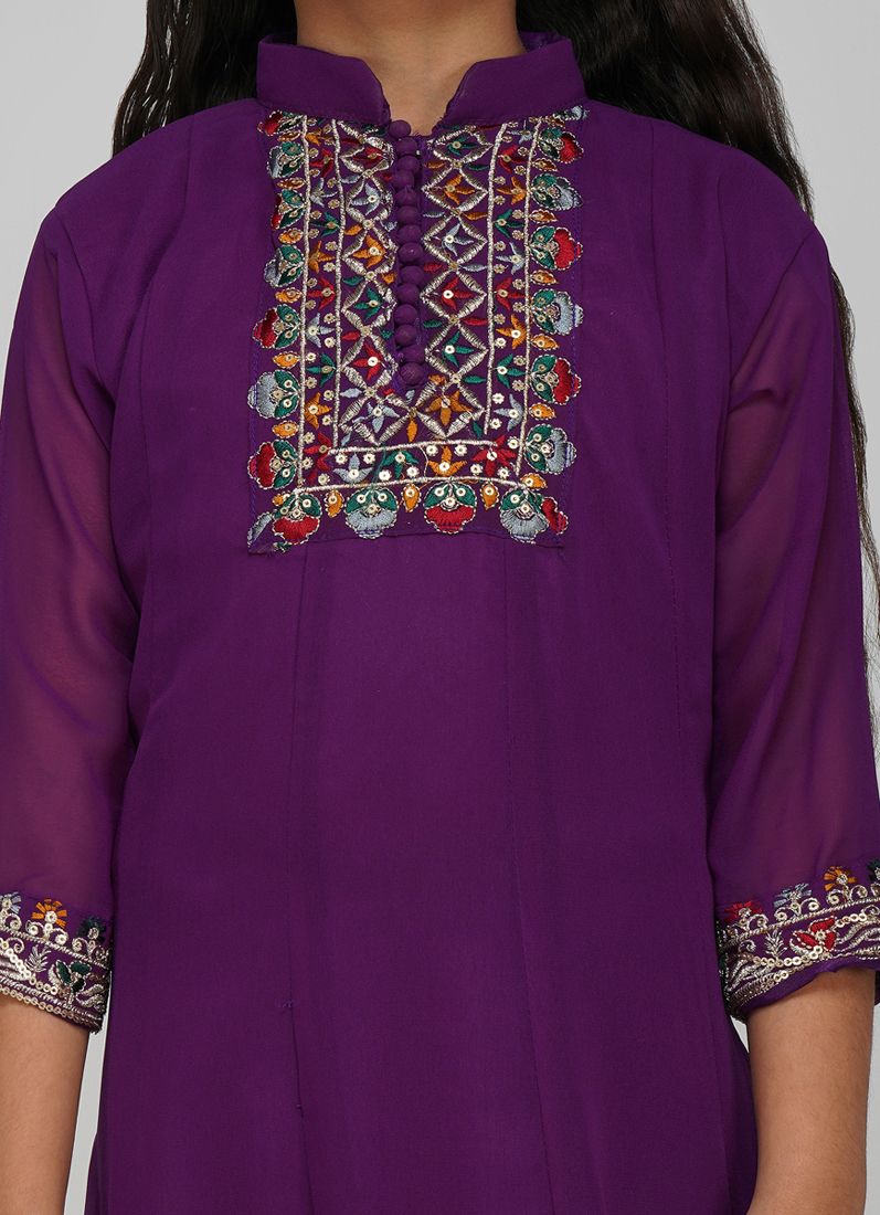Buy Kids Purple Bias Cut Embroidery Suit Set