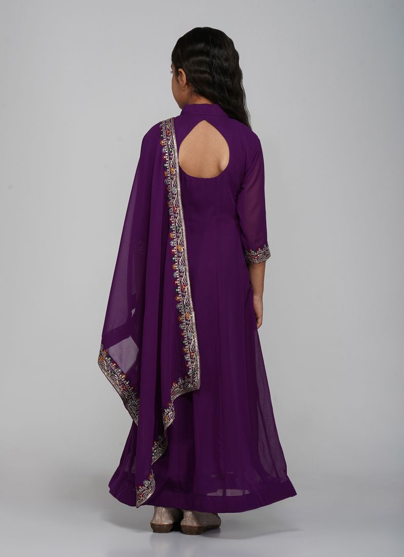 Buy Kids Purple Bias Cut Embroidery Suit Set