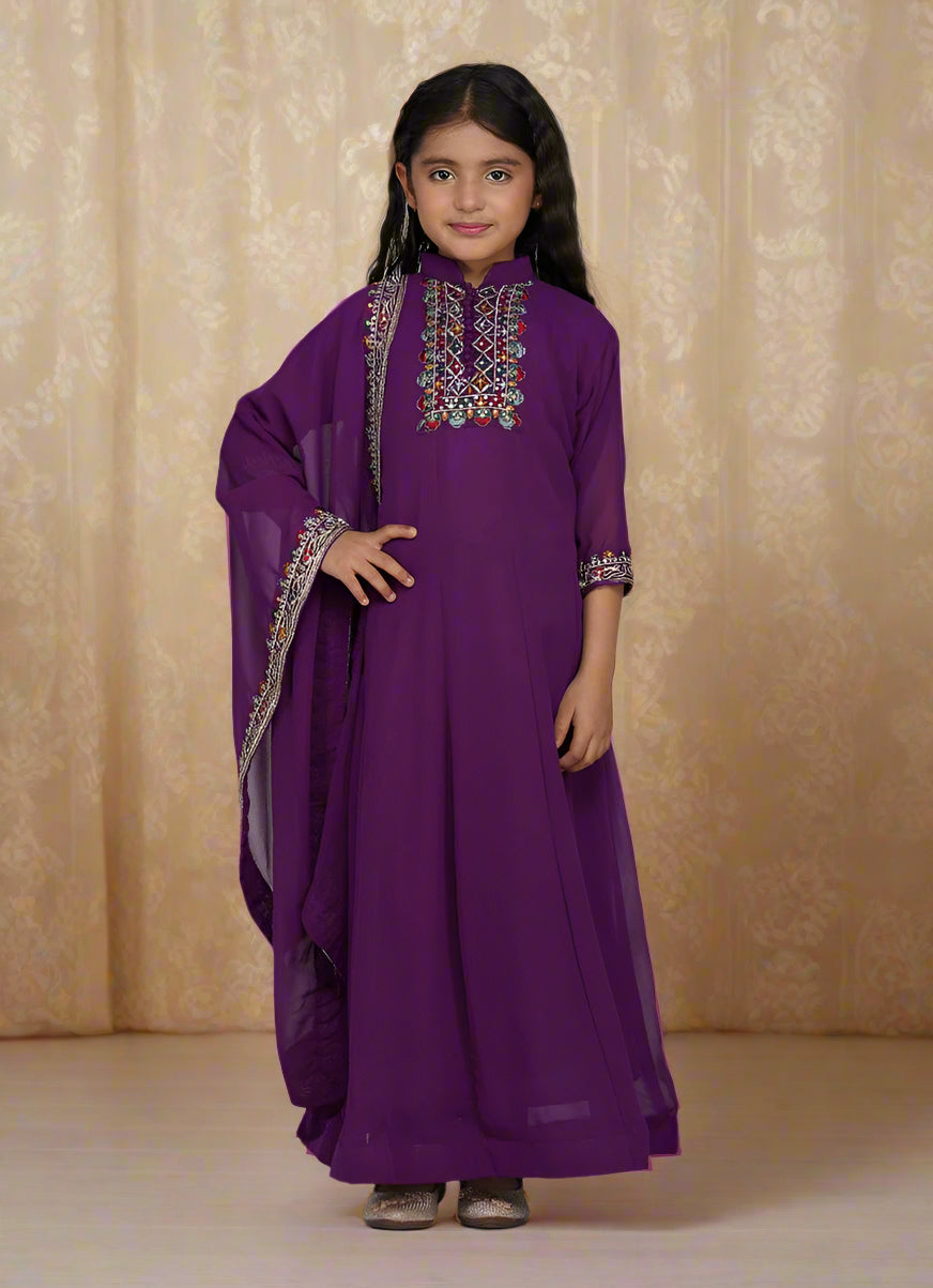 Buy Kids Purple Bias Cut Embroidery Suit Set in UK Diya Online