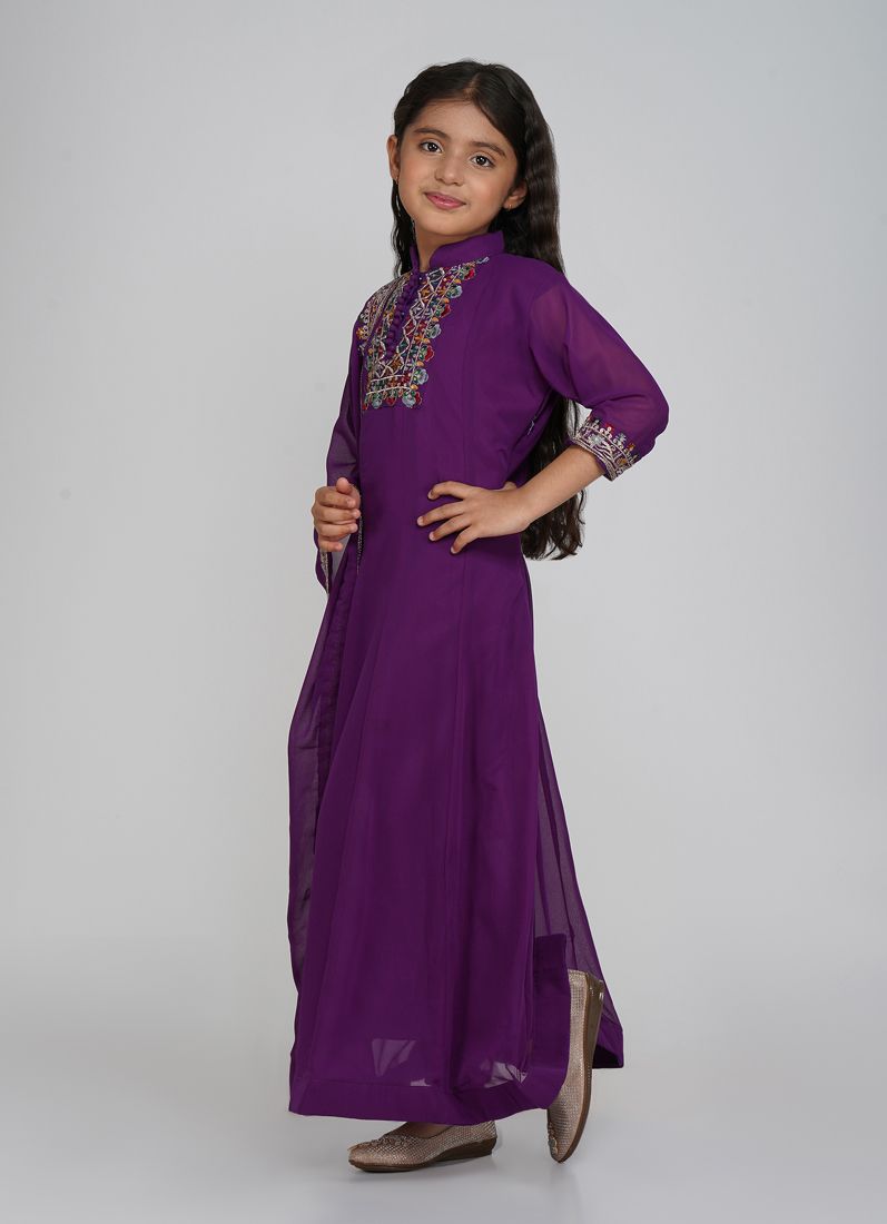 Buy Kids Purple Bias Cut Embroidery Suit Set