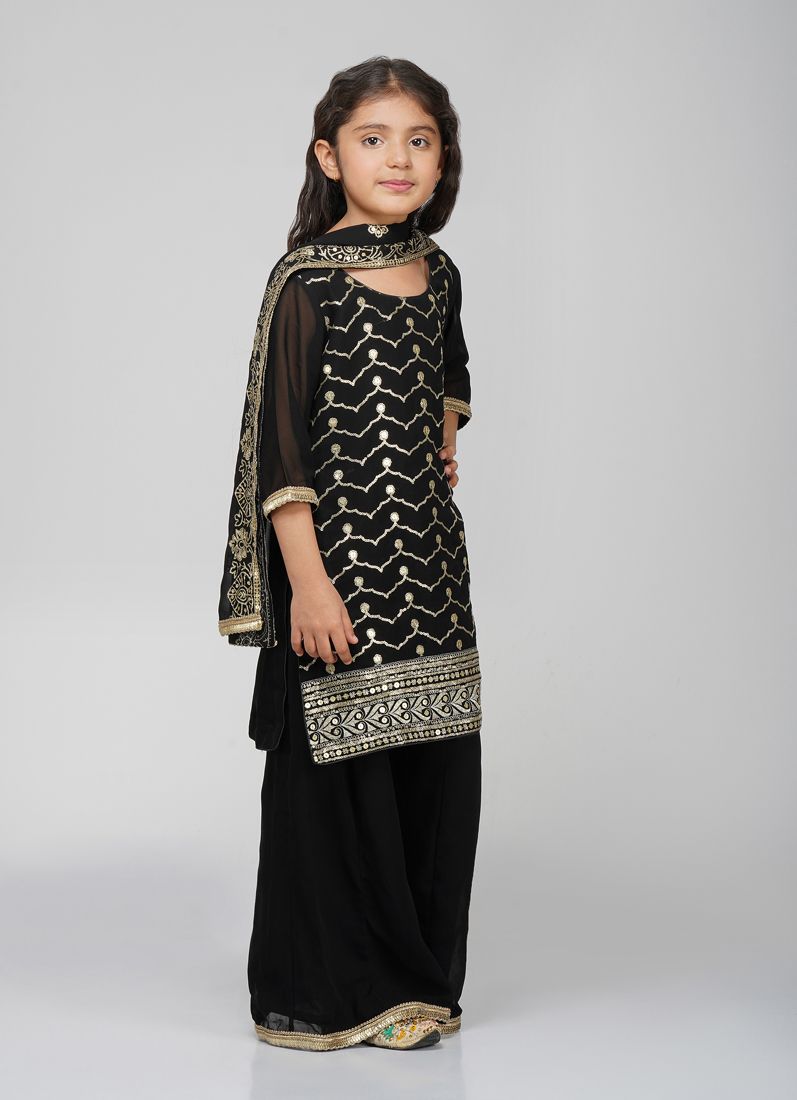 Buy Kids Black Georgette Sequin Embroidered Suit Set