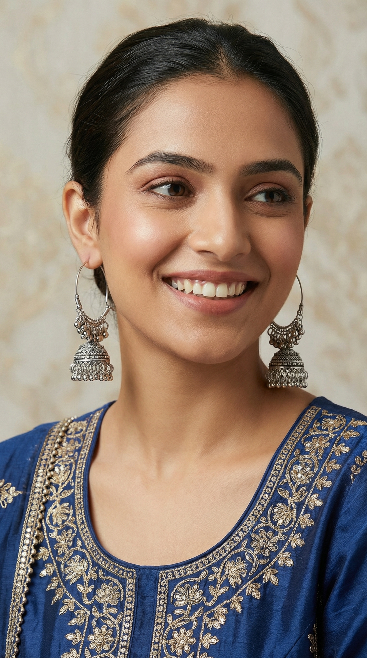 Silver Oxidised Bali Hoop Earrings with Traditional Jhumka Design