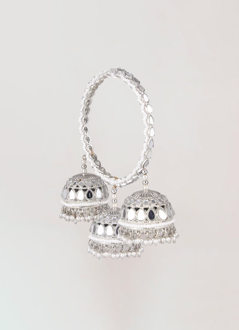 silver mirror and pearl bangle with triple jhumki