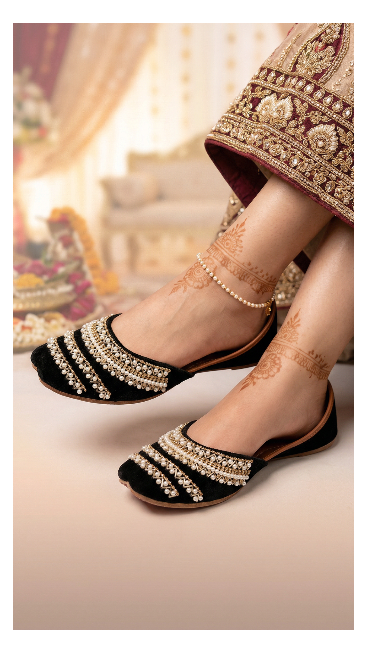 Elegant black velvet handmade Punjabi jutti with layered pearl, nalki and gold diamante embroidery for women