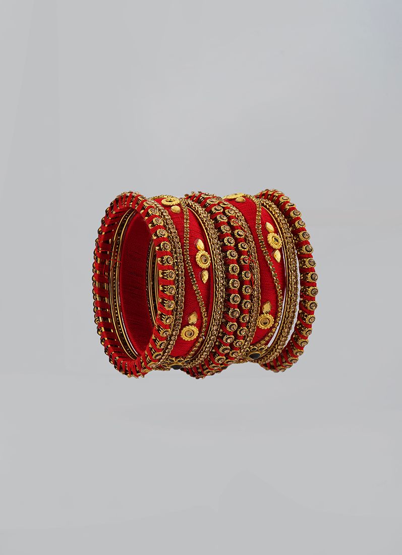 Red Thread Bangles with Gold Diamante