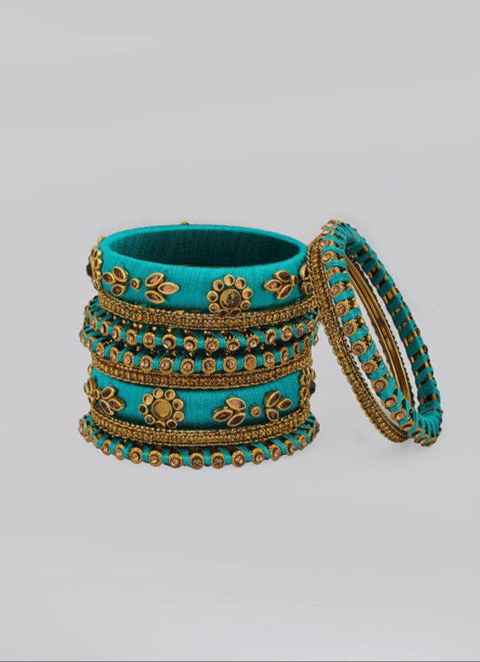 Buy Stylish Peackock Blue Thread Bangle Set