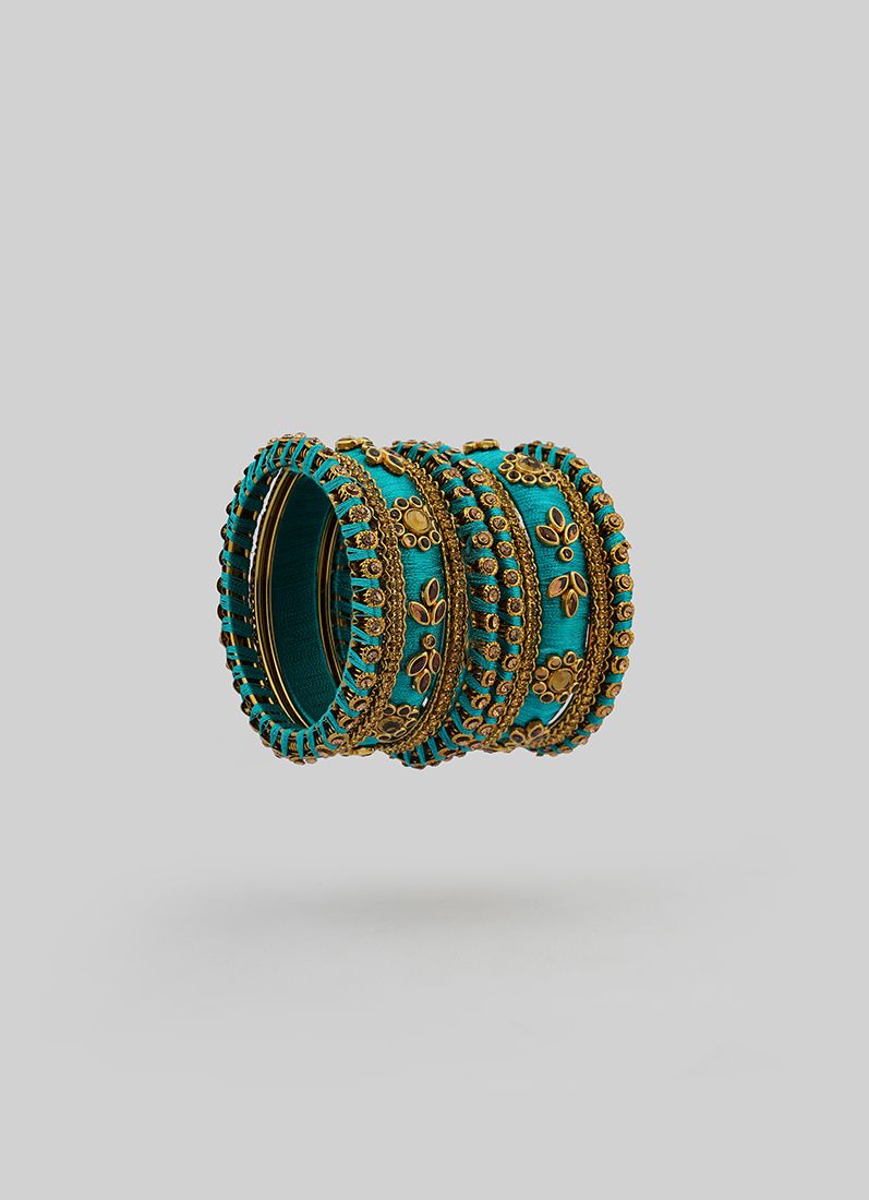 Buy Stylish Peackock Blue Thread Bangle Set