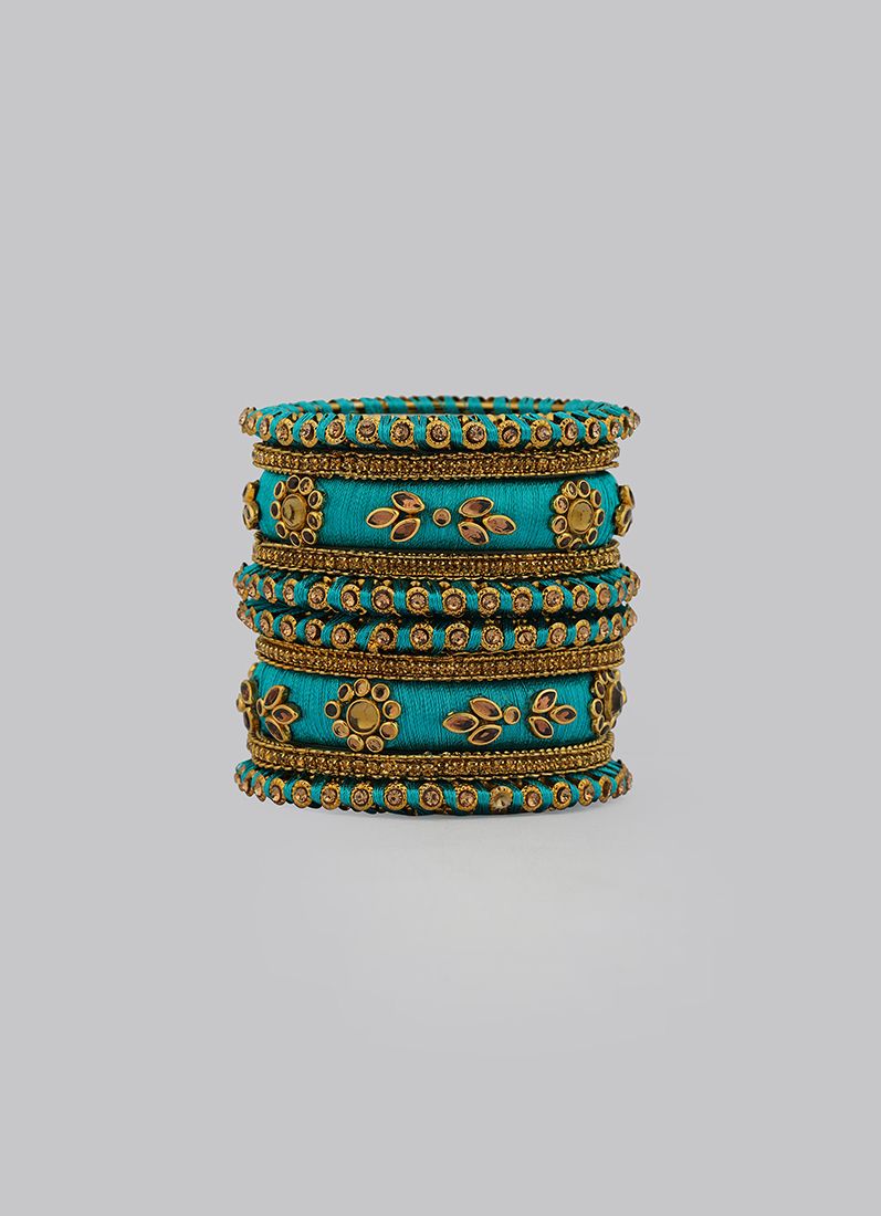 Buy Stylish Peackock Blue Thread Bangle Set