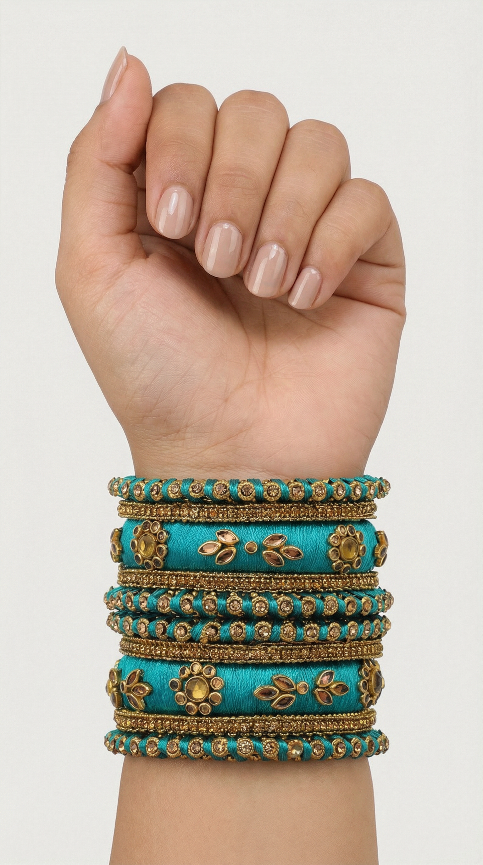 Stylish Peackock Blue Thread Bangle Set with Diamante