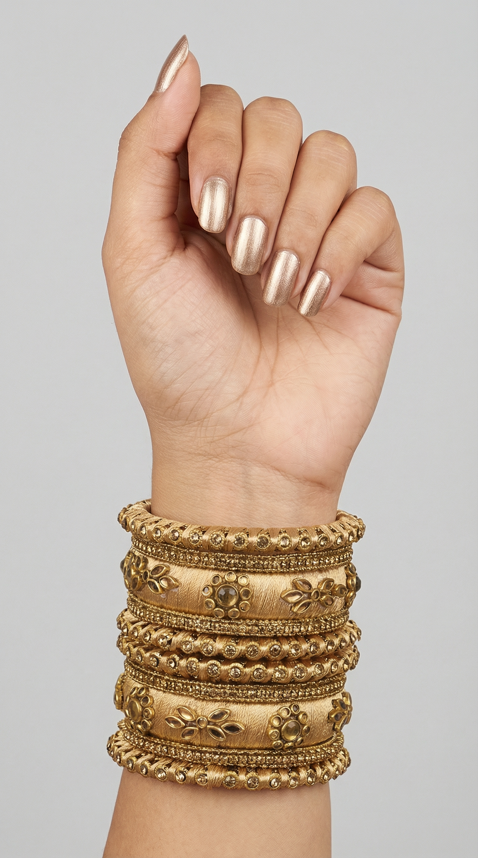 Elegant Gold Thread Bangle Set in glossy gold silk thread with floral crystal diamante pattern for bridal and festive wear